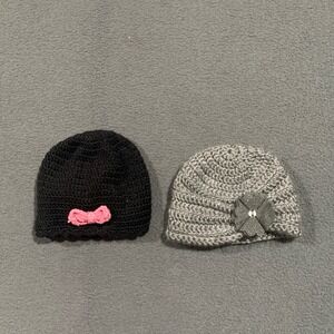 Laura Ashley Baby Girls Crochet Beanie Hat Set 2pk Black Bow Grey Flower 0-6M